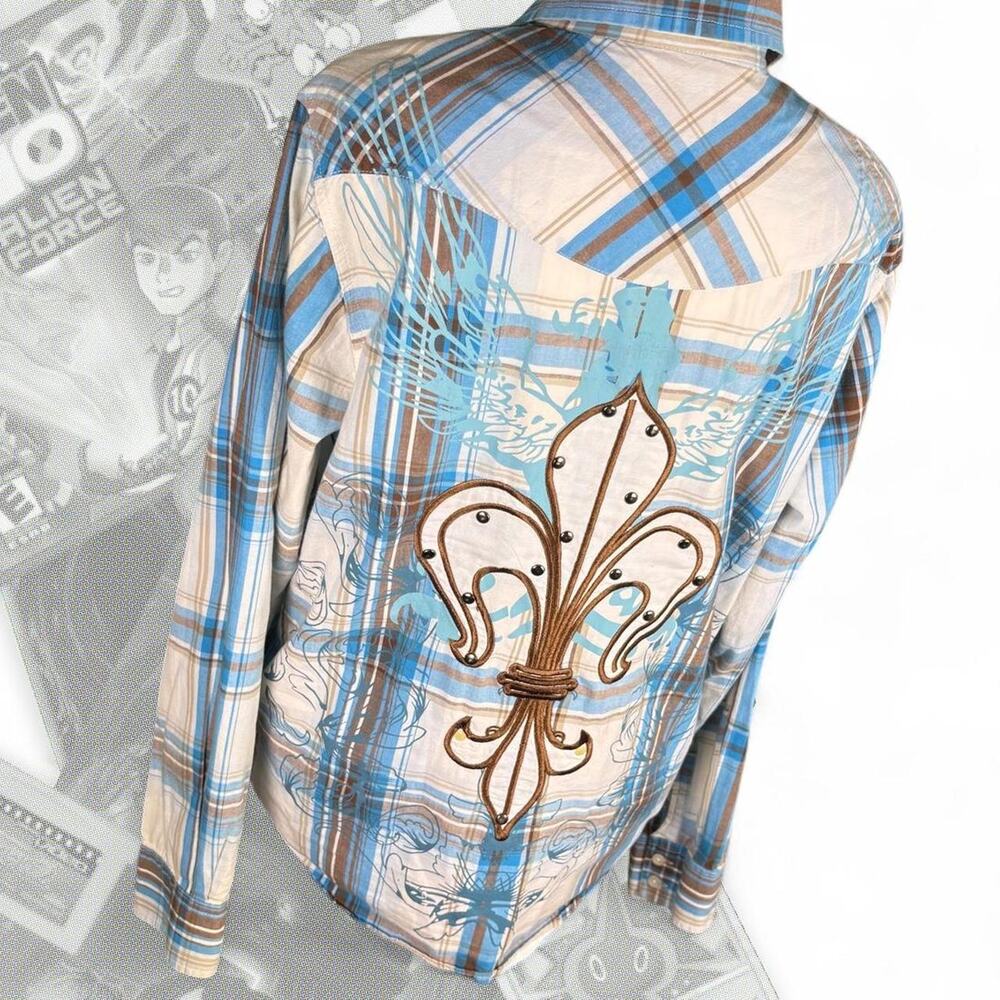 Vintage Seven Souls Graphic Grunge Skater Button Up Flannel Collared Shirt